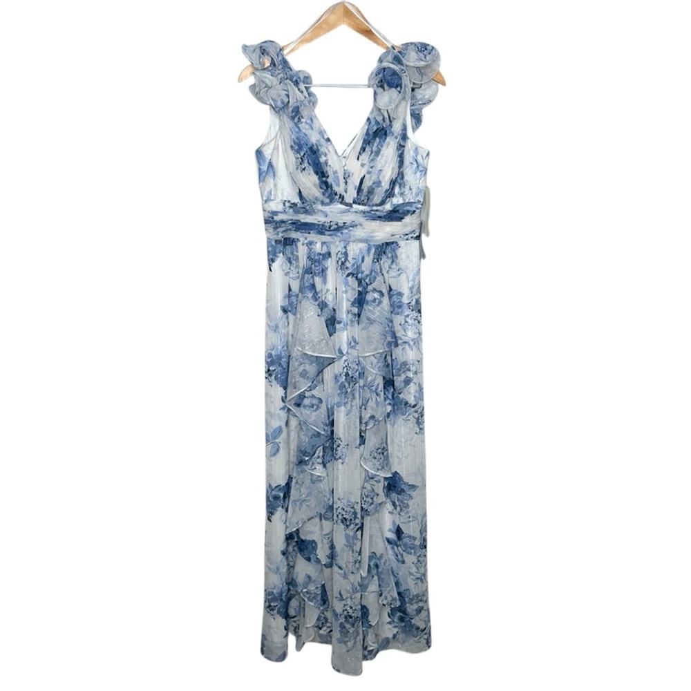 Eliza J Blue White Floral Ruffle Strap Maxi Flowy Spring Gown Prom Size 8 - Picture 6 of 15